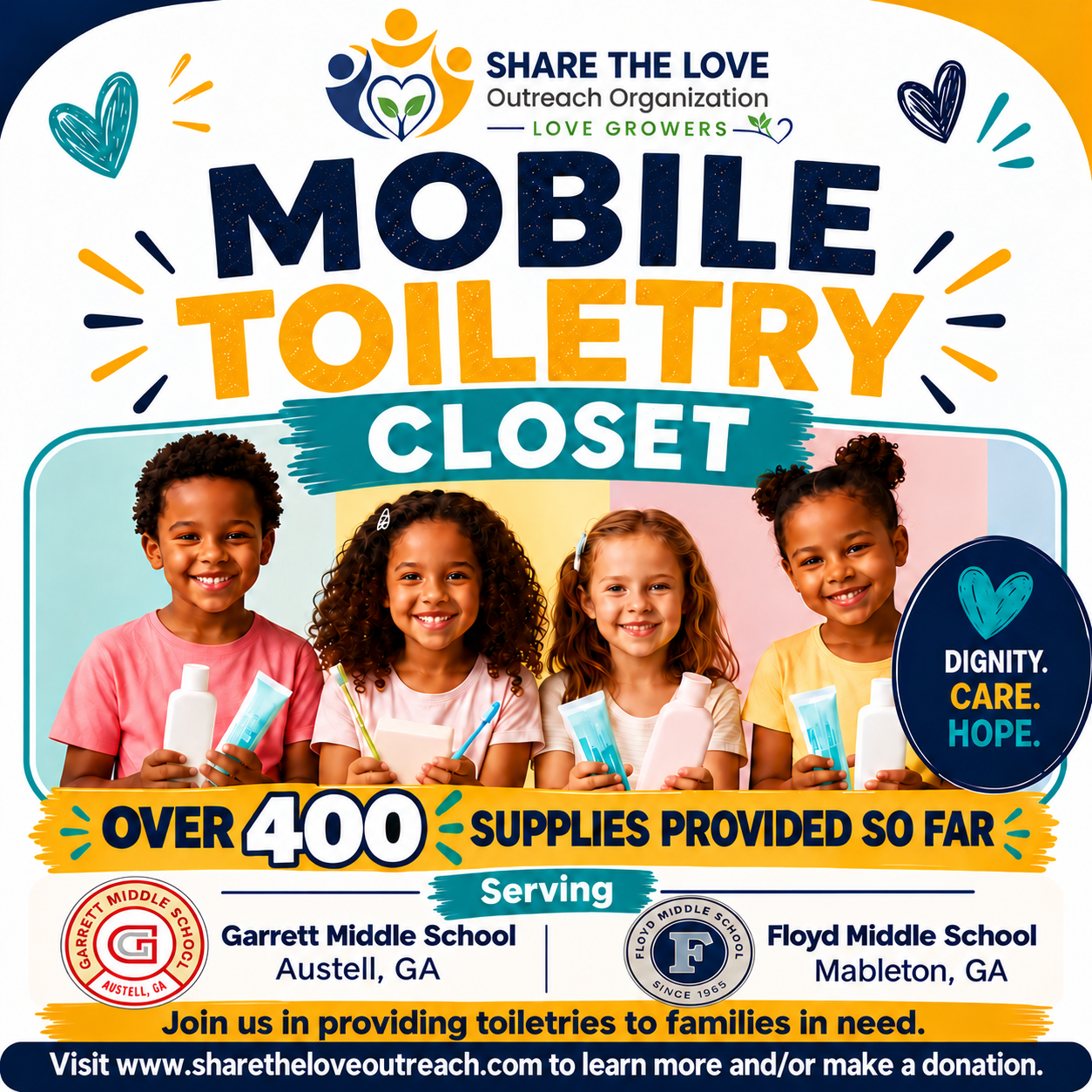Mobile Toiletry Closet flyer celebrating over 400 supplies provided to Garrett and Floyd Middle Schools