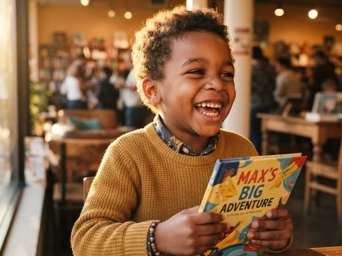 A smiling child holding a new picture book at a reading event